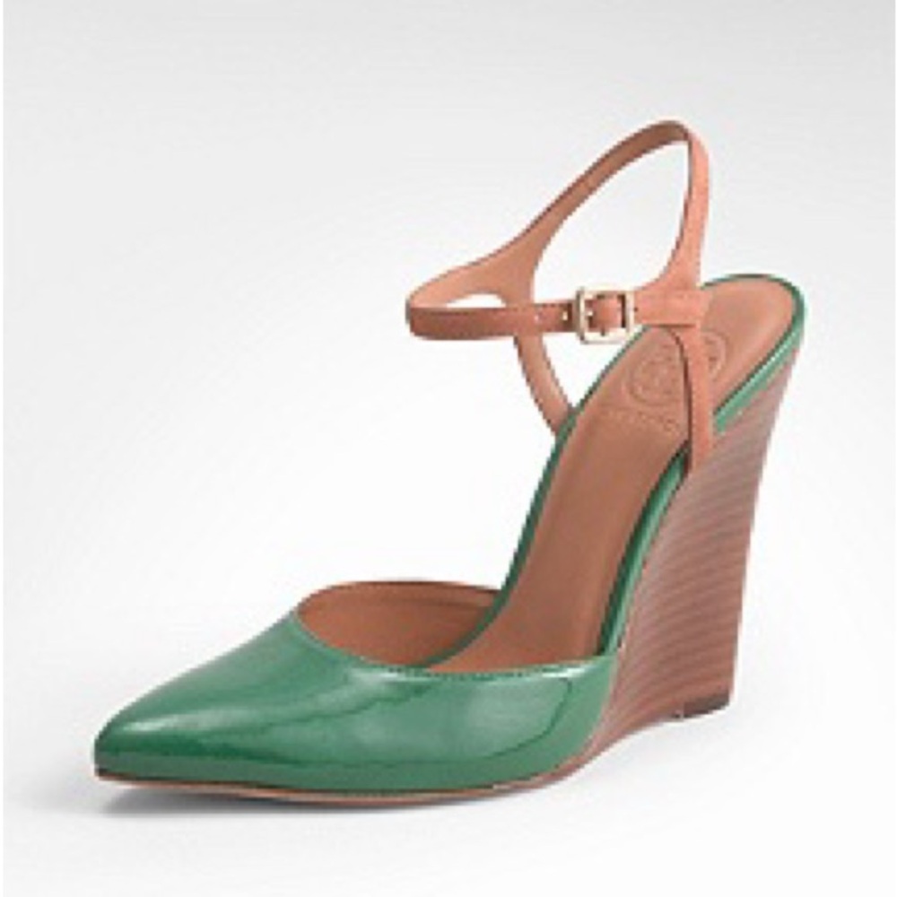 Tory Burch Green and Tan Patent Leather Wedge Sandals